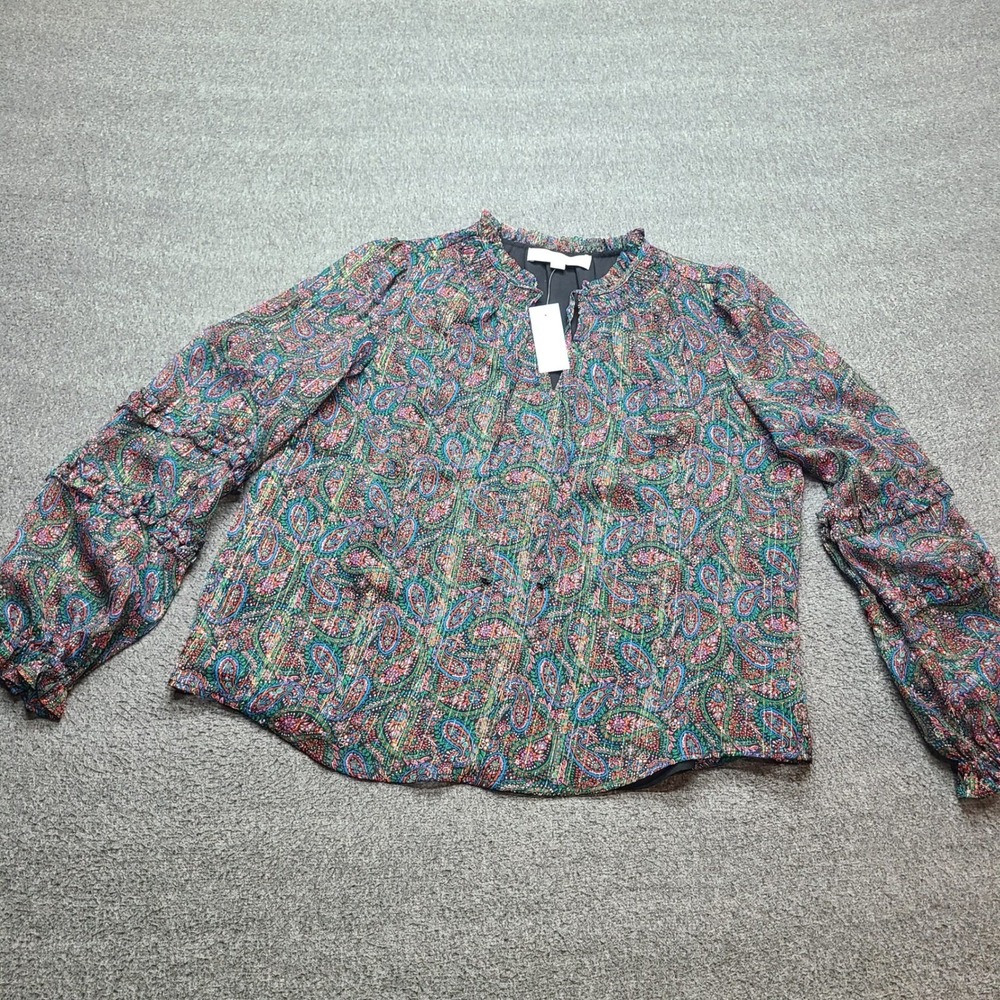 Loft Blouse Women Small Petite Multi-Color New Paisley Metallic Ruffle Top
